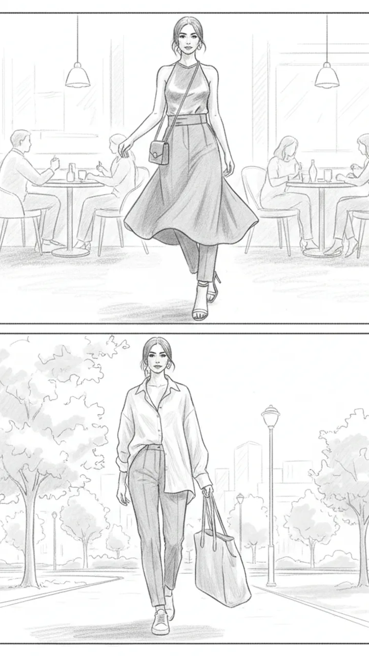 Storyboard sketch for scene 3: Dinner + Weekend Looks